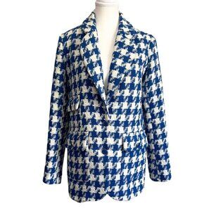 JOIE WHITE BLUE WOOL BLEND TWEED HOUNDSTOOTH OVERSIZED BLAZER - XS